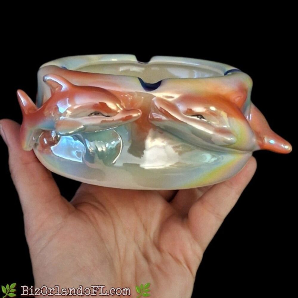 VINTAGE Decorative Ceramic Ashtray Lusterware Finish 3D Tropical Fish / Dolphins